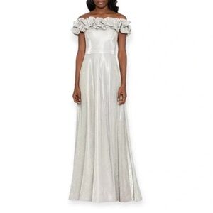 Xscape Women's Off the Shoulder Ruffle Metallic Glitter Gown has Pockets size 6P